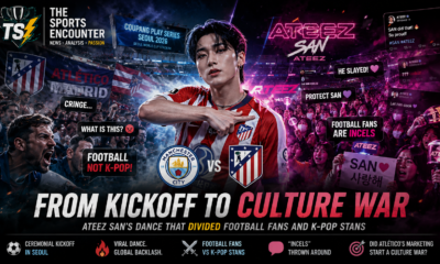 ATEEZ member San stands at the center of a cinematic football and K-pop culture-war graphic after his ceremonial kickoff in Seoul, with Atlético Madrid imagery, football fans, K-pop supporters, viral social media reactions, and The Sports Encounter logo.