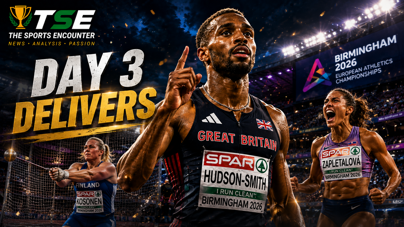 Matthew Hudson-Smith leads a Birmingham 2026 Day 3 featured image alongside Silja Kosonen and Emma Zapletalová, highlighting a night of European Athletics titles, records, and home-track success at Alexander Stadium.