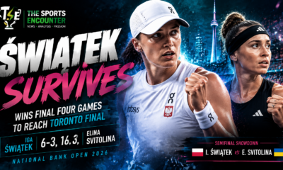Iga Swiatek celebrates after defeating Elina Svitolina in three sets to reach the National Bank Open 2026 women’s final in Toronto.