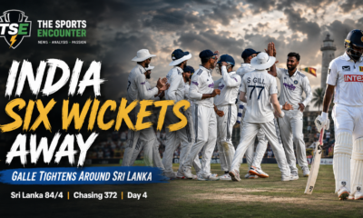 India’s Test team celebrates a Sri Lankan wicket at Galle International Stadium as Sri Lanka close Day 4 on 84/4 chasing 372, with India six wickets from victory.