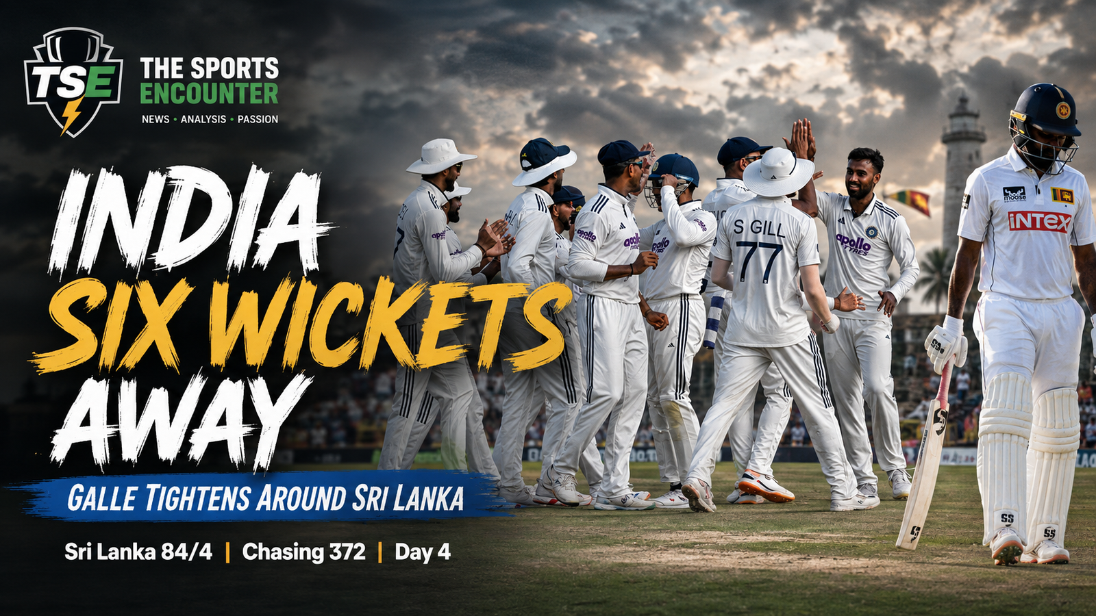 India’s Test team celebrates a Sri Lankan wicket at Galle International Stadium as Sri Lanka close Day 4 on 84/4 chasing 372, with India six wickets from victory.
