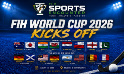 FIH Hockey World Cup 2026 opening-day graphic featuring a blue hockey turf, field hockey stick and ball, flags of participating nations, and The Sports Encounter logo with the headline “FIH World Cup 2026 Kicks Off.”
