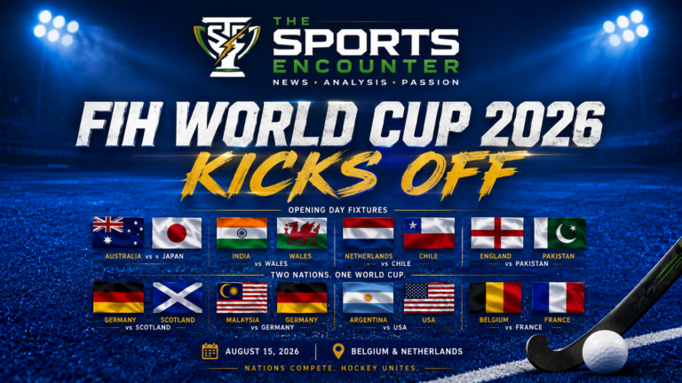 FIH Hockey World Cup 2026 opening-day graphic featuring a blue hockey turf, field hockey stick and ball, flags of participating nations, and The Sports Encounter logo with the headline “FIH World Cup 2026 Kicks Off.”