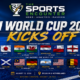 FIH Hockey World Cup 2026 opening-day graphic featuring a blue hockey turf, field hockey stick and ball, flags of participating nations, and The Sports Encounter logo with the headline “FIH World Cup 2026 Kicks Off.”