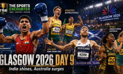 Indian boxers, Australian relay athletes, Scotland’s Josh Kerr, and Jamaica’s netball team celebrate their major Glasgow 2026 Day 9 victories in a cinematic stadium montage.