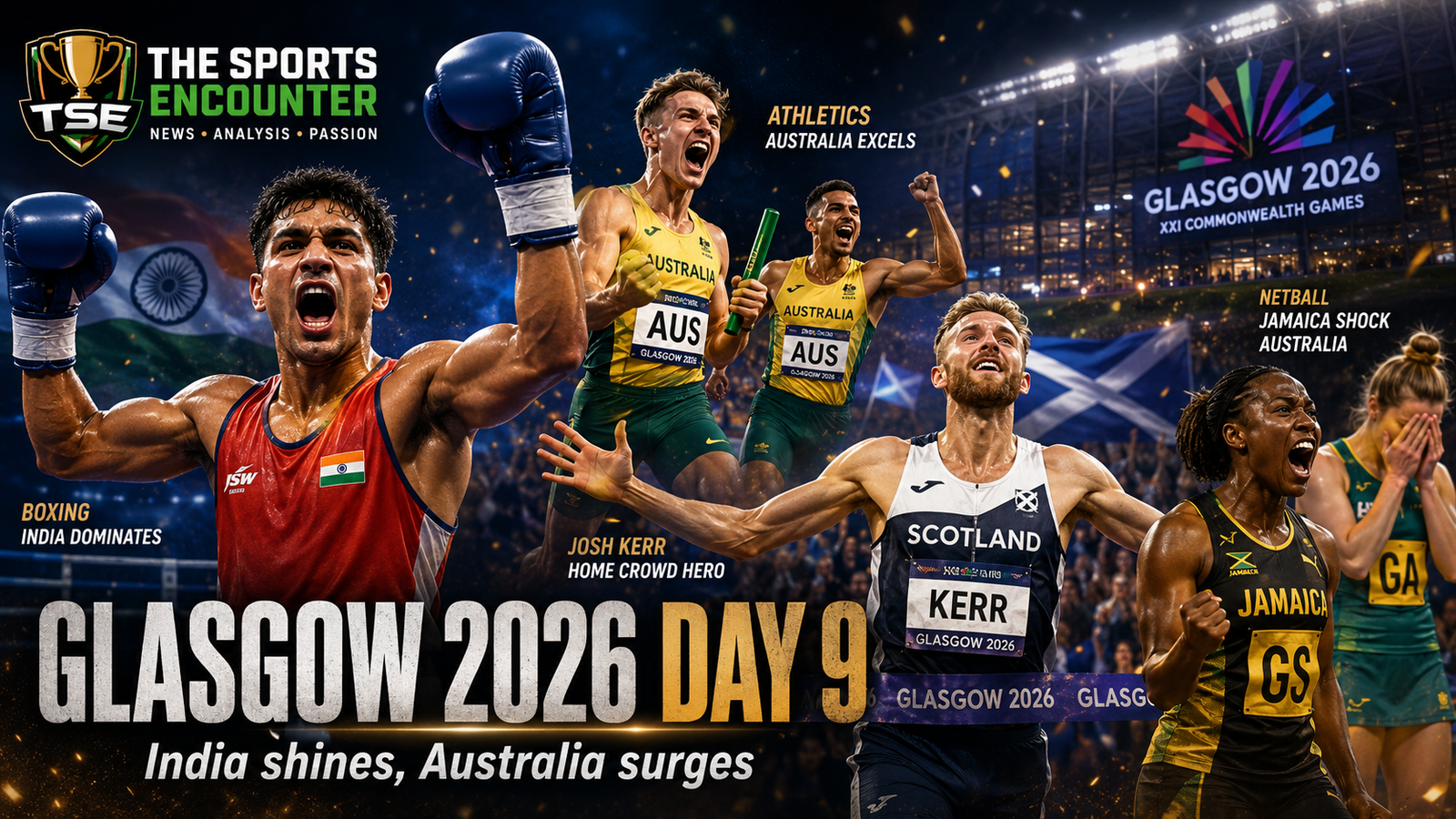 Indian boxers, Australian relay athletes, Scotland’s Josh Kerr, and Jamaica’s netball team celebrate their major Glasgow 2026 Day 9 victories in a cinematic stadium montage.
