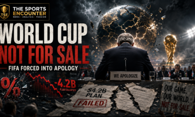 A suited FIFA official bows at a crisis meeting beneath a fractured world football graphic, surrounded by delegates, torn $4.2 billion deal papers and the headline “World Cup Not for Sale.”