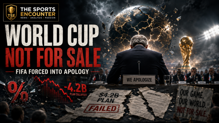 A suited FIFA official bows at a crisis meeting beneath a fractured world football graphic, surrounded by delegates, torn $4.2 billion deal papers and the headline “World Cup Not for Sale.”