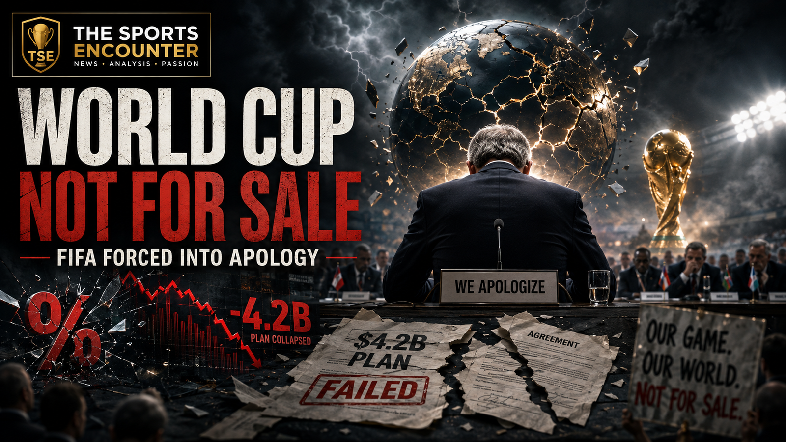 A suited FIFA official bows at a crisis meeting beneath a fractured world football graphic, surrounded by delegates, torn $4.2 billion deal papers and the headline “World Cup Not for Sale.”