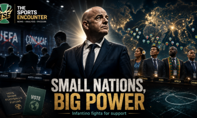 Gianni Infantino stands between representatives of smaller football nations and the rejected UEFA and CONCACAF blocs, with a glowing world map, voting imagery, and the headline “Small Nations, Big Power” beneath The Sports Encounter logo.