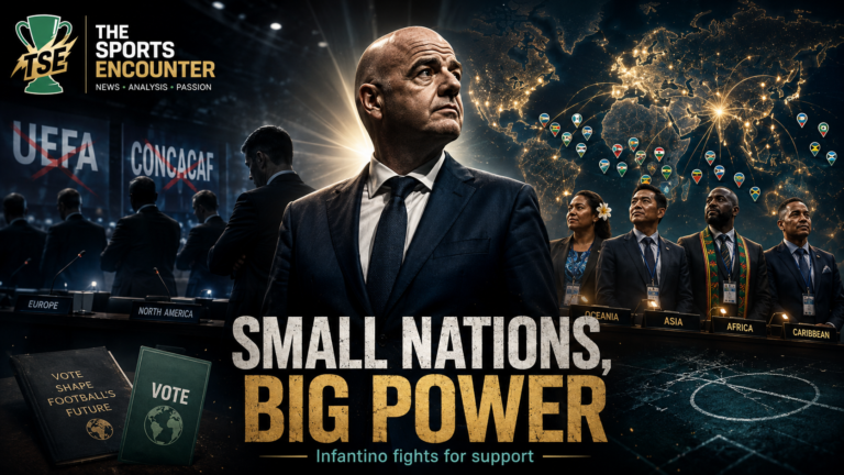 Gianni Infantino stands between representatives of smaller football nations and the rejected UEFA and CONCACAF blocs, with a glowing world map, voting imagery, and the headline “Small Nations, Big Power” beneath The Sports Encounter logo.