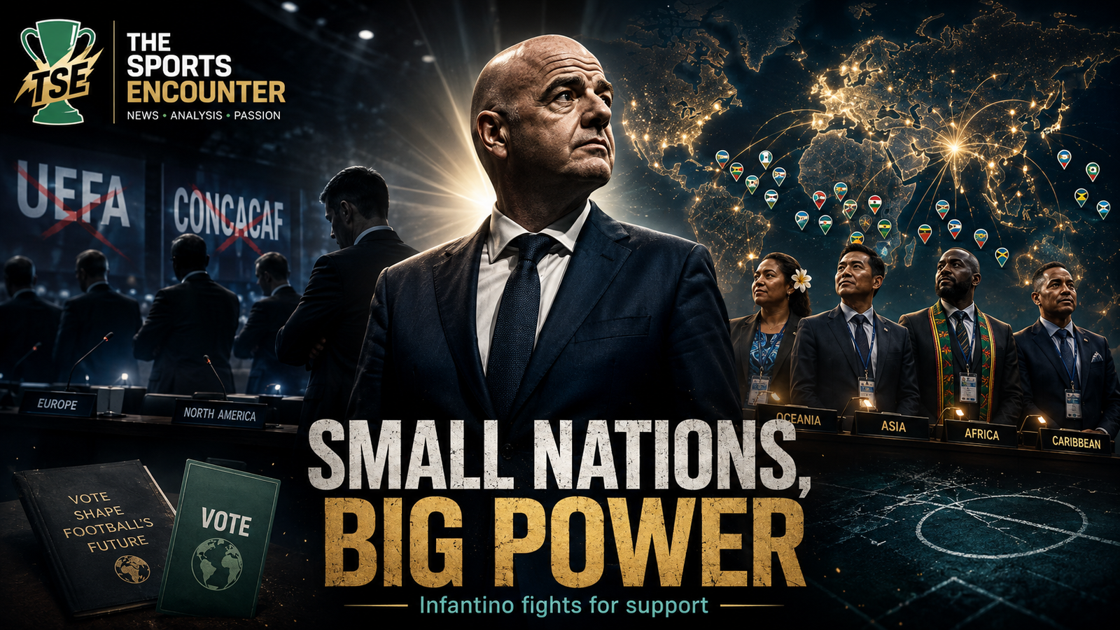 Gianni Infantino stands between representatives of smaller football nations and the rejected UEFA and CONCACAF blocs, with a glowing world map, voting imagery, and the headline “Small Nations, Big Power” beneath The Sports Encounter logo.
