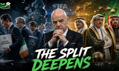 Gianni Infantino pictured against an Ireland football backdrop as the FAI withdraws support for his FIFA re-election campaign.