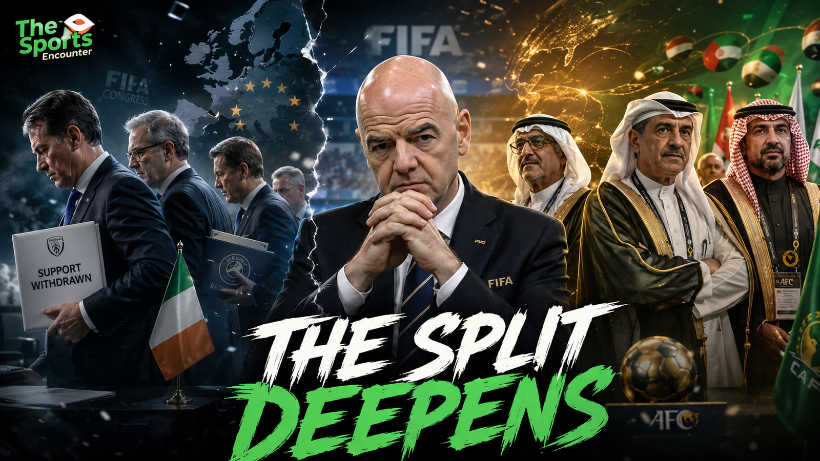 Gianni Infantino pictured against an Ireland football backdrop as the FAI withdraws support for his FIFA re-election campaign.