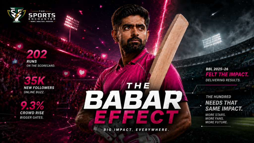 Babar Azam stands at the center of a cinematic cricket stadium graphic highlighting his BBL|15 impact, including 202 runs, 35,000 new Sydney Sixers followers and a 9.3% rise in home attendance, while contrasting that audience pull with The Hundred’s need for renewed fan engagement.