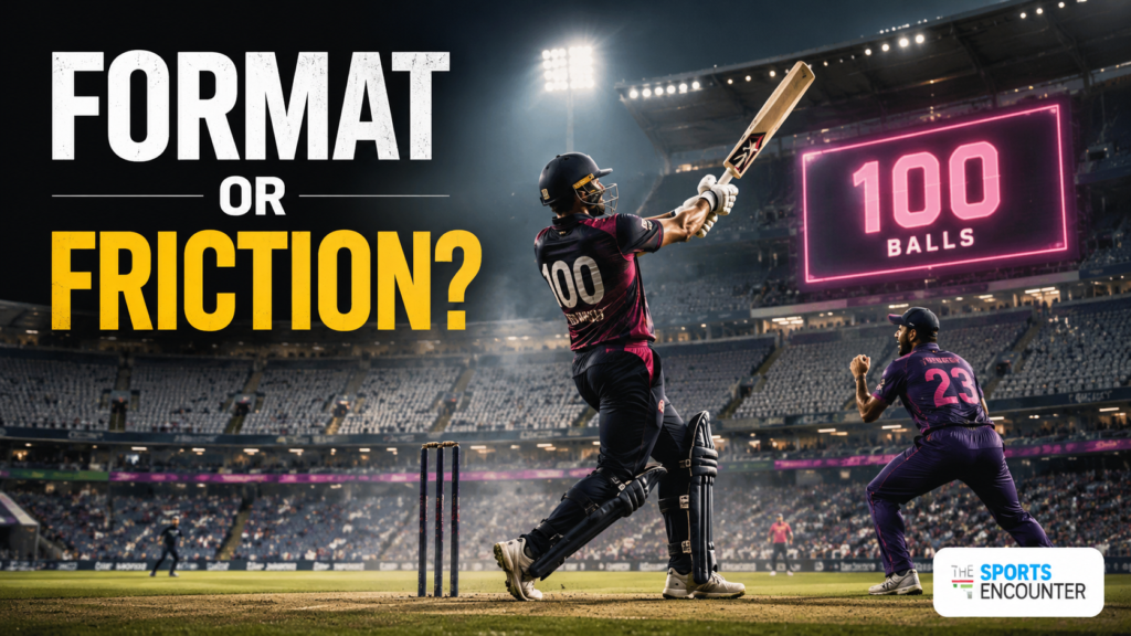 A batter launches a shot during a 100-ball cricket match as large sections of the stadium remain empty, highlighting debate over whether The Hundred’s unique format is contributing to its crowd problem.
