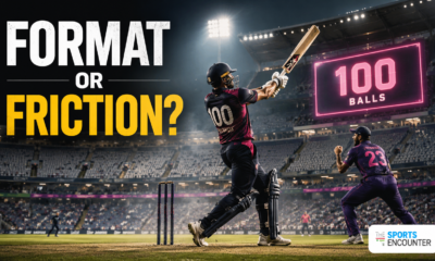 A batter launches a shot during a 100-ball cricket match as large sections of the stadium remain empty, highlighting debate over whether The Hundred’s unique format is contributing to its crowd problem.
