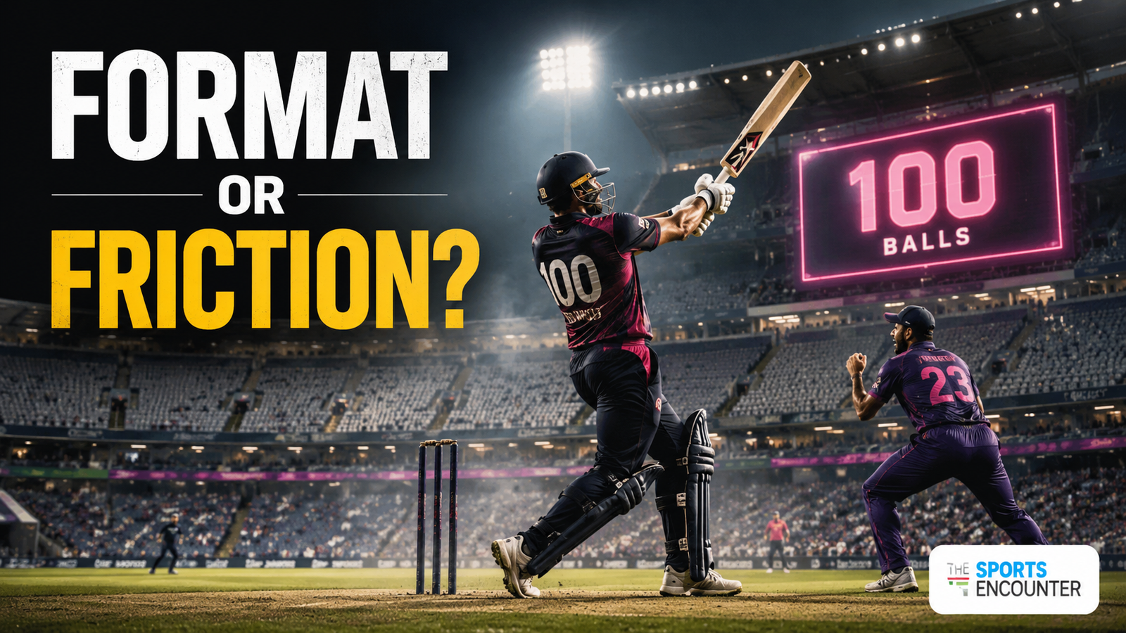 A batter launches a shot during a 100-ball cricket match as large sections of the stadium remain empty, highlighting debate over whether The Hundred’s unique format is contributing to its crowd problem.