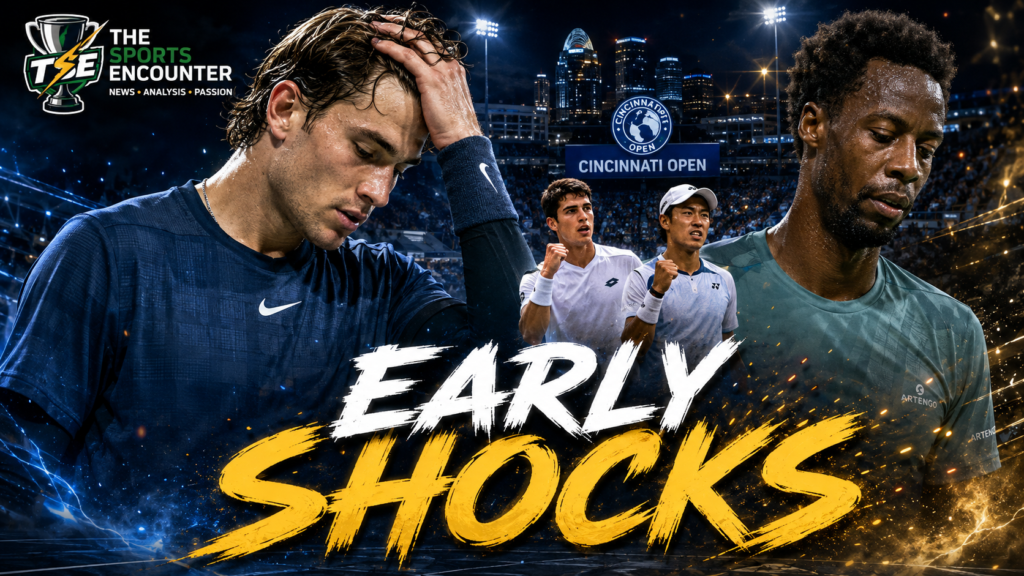 Jack Draper and Gael Monfils react during their opening-round defeats as the Cincinnati Open 2026 begins with major early upsets.