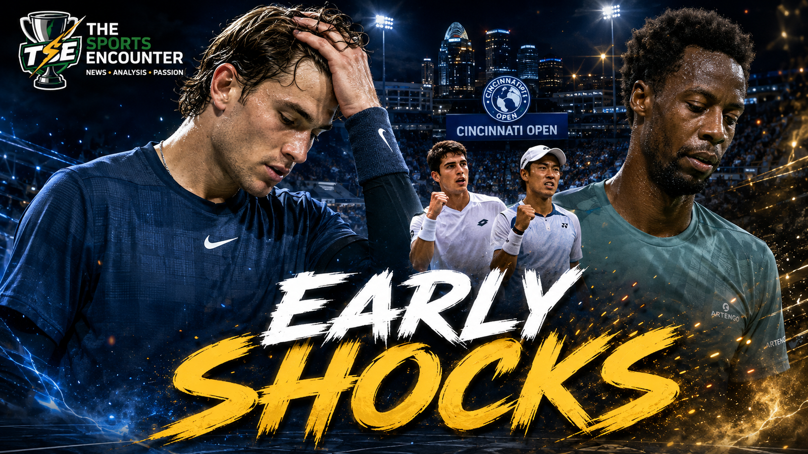 Jack Draper and Gael Monfils react during their opening-round defeats as the Cincinnati Open 2026 begins with major early upsets.