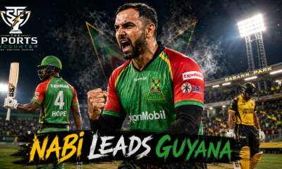 Mohammad Nabi celebrates after taking four wickets as Guyana Amazon Warriors defeat Jamaica Kingsmen by six wickets in CPL 2026 Match 6 at Sabina Park.