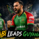 Mohammad Nabi celebrates after taking four wickets as Guyana Amazon Warriors defeat Jamaica Kingsmen by six wickets in CPL 2026 Match 6 at Sabina Park.