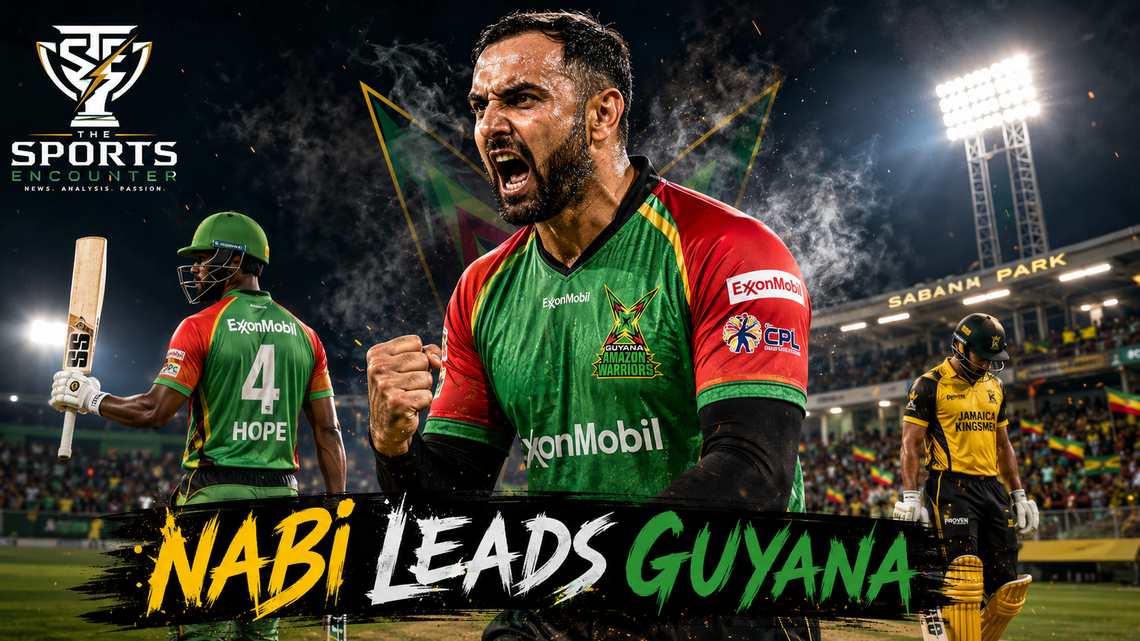 Mohammad Nabi celebrates after taking four wickets as Guyana Amazon Warriors defeat Jamaica Kingsmen by six wickets in CPL 2026 Match 6 at Sabina Park.