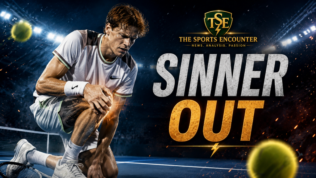 Jannik Sinner holds his right knee on a hard court after withdrawing from the Cincinnati Open, with the “Sinner Out” graphic highlighting his injury concern ahead of the 2026 US Open.