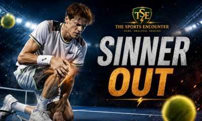 Jannik Sinner holds his right knee on a hard court after withdrawing from the Cincinnati Open, with the “Sinner Out” graphic highlighting his injury concern ahead of the 2026 US Open.