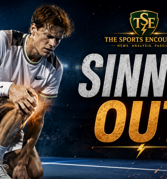 Jannik Sinner holds his right knee on a hard court after withdrawing from the Cincinnati Open, with the “Sinner Out” graphic highlighting his injury concern ahead of the 2026 US Open.