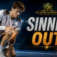 Jannik Sinner holds his right knee on a hard court after withdrawing from the Cincinnati Open, with the “Sinner Out” graphic highlighting his injury concern ahead of the 2026 US Open.