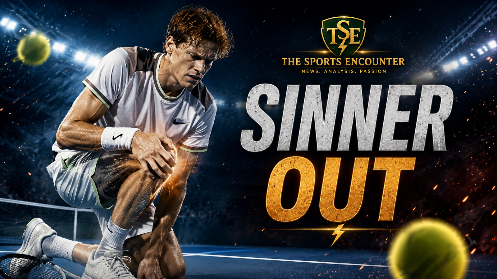 Jannik Sinner holds his right knee on a hard court after withdrawing from the Cincinnati Open, with the “Sinner Out” graphic highlighting his injury concern ahead of the 2026 US Open.