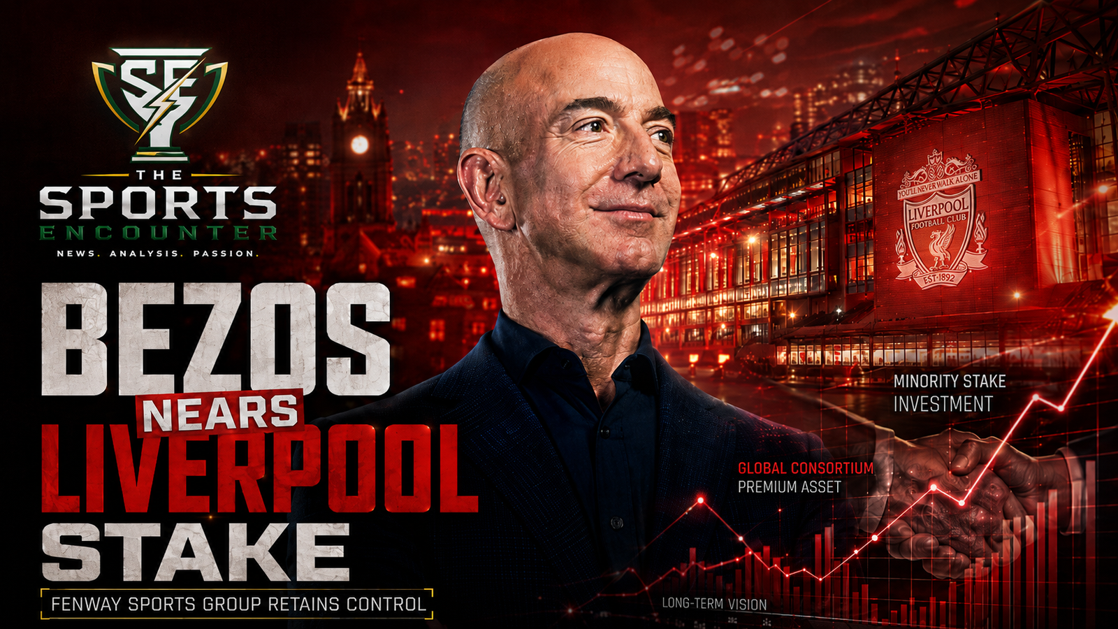 Jeff Bezos stands against a dramatic Anfield backdrop with financial market graphics, illustrating reports that he is part of a consortium nearing a major minority investment in Liverpool while Fenway Sports Group retains control.