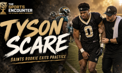 New Orleans Saints rookie wide receiver Jordyn Tyson during training camp as concern grows over a lower-body injury and his recurring hamstring history.