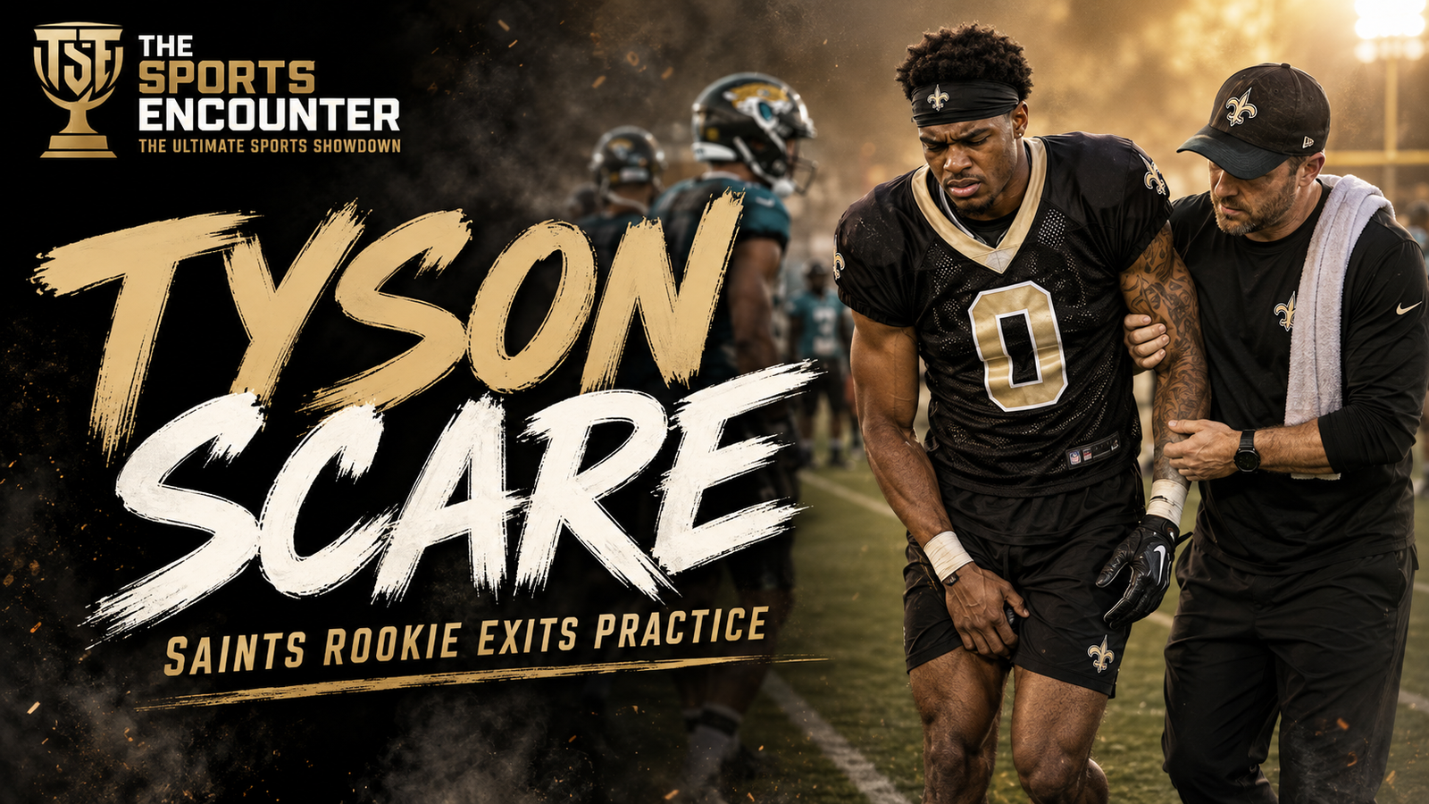 New Orleans Saints rookie wide receiver Jordyn Tyson during training camp as concern grows over a lower-body injury and his recurring hamstring history.