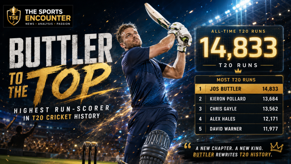 Jos Buttler launches a powerful shot under stadium lights beside a graphic showing his record 14,833 T20 runs and his rise to No. 1 on the all-time run-scoring list.