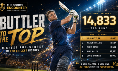 Jos Buttler launches a powerful shot under stadium lights beside a graphic showing his record 14,833 T20 runs and his rise to No. 1 on the all-time run-scoring list.