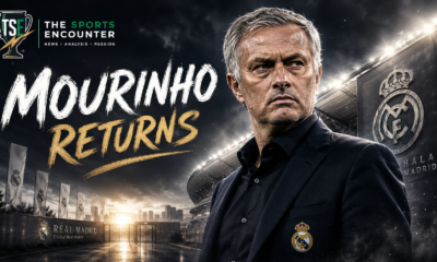 José Mourinho shown against a dramatic Real Madrid stadium backdrop as his second spell as head coach begins under intense pressure.