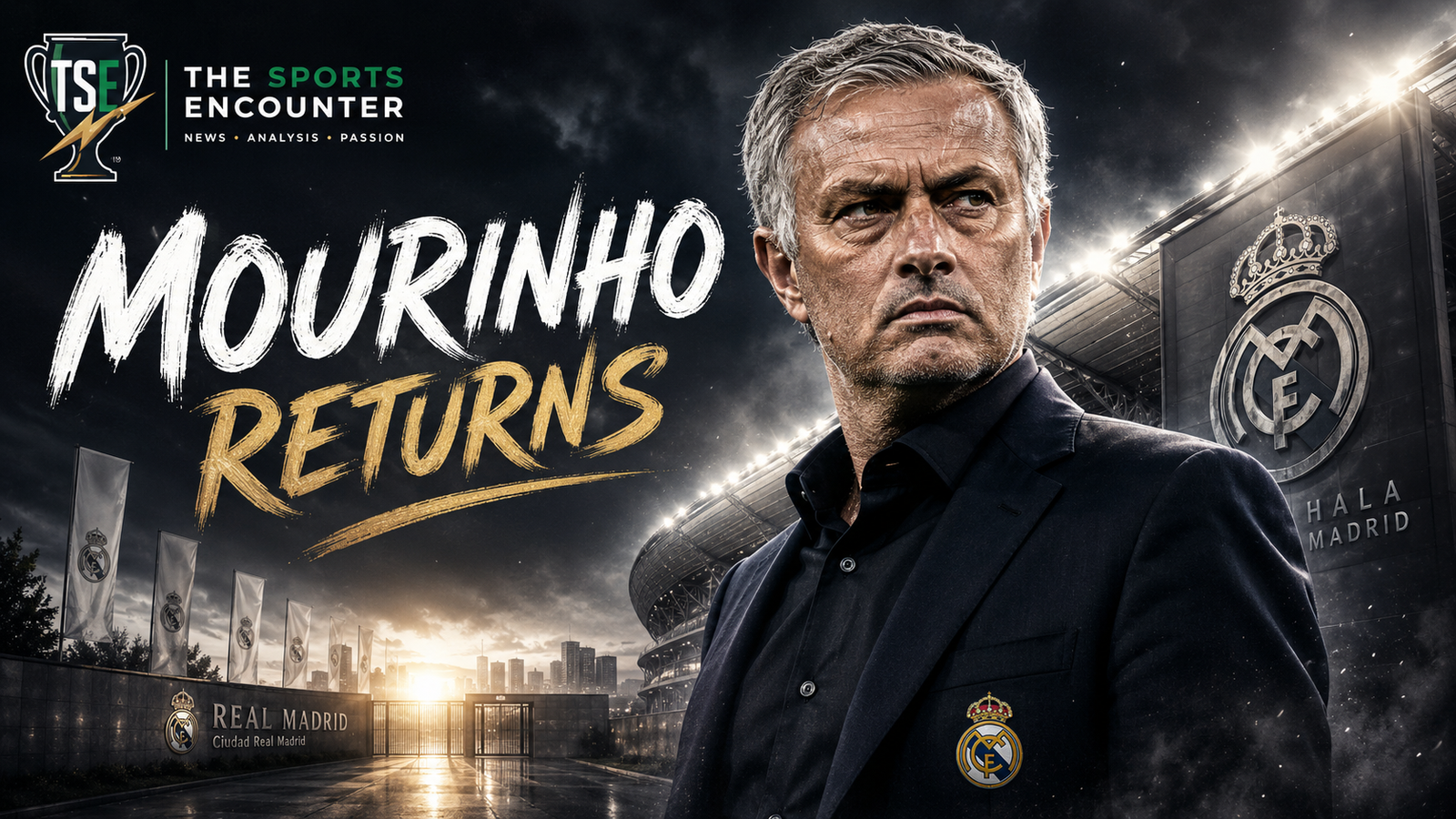 José Mourinho shown against a dramatic Real Madrid stadium backdrop as his second spell as head coach begins under intense pressure.