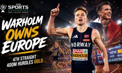 Karsten Warholm celebrates after winning his fourth straight European 400m hurdles title in a championship-record 46.63 seconds at Birmingham 2026.