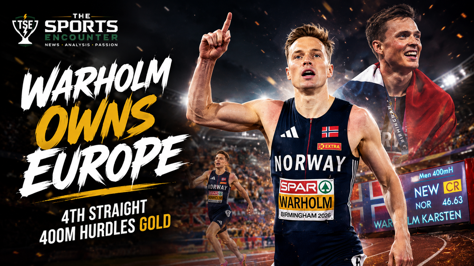 Karsten Warholm celebrates after winning his fourth straight European 400m hurdles title in a championship-record 46.63 seconds at Birmingham 2026.