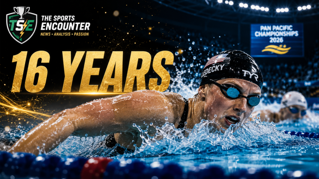 Katie Ledecky celebrates after winning the women’s 1,500m freestyle at the 2026 Pan Pacific Championships, extending her unbeaten streak in the event to 16 years.