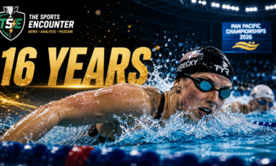 Katie Ledecky celebrates after winning the women’s 1,500m freestyle at the 2026 Pan Pacific Championships, extending her unbeaten streak in the event to 16 years.