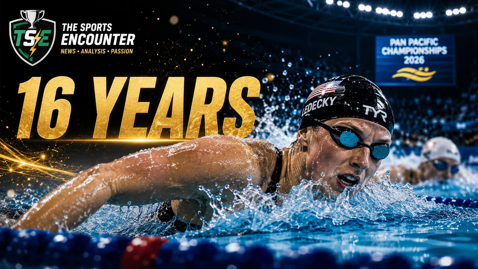 Katie Ledecky celebrates after winning the women’s 1,500m freestyle at the 2026 Pan Pacific Championships, extending her unbeaten streak in the event to 16 years.