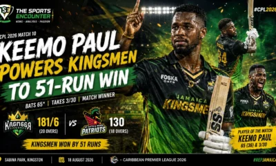 Keemo Paul celebrates after leading Jamaica Kingsmen to a 51-run win over St Kitts and Nevis Patriots with 65 runs and three wickets in CPL 2026 Match 10.