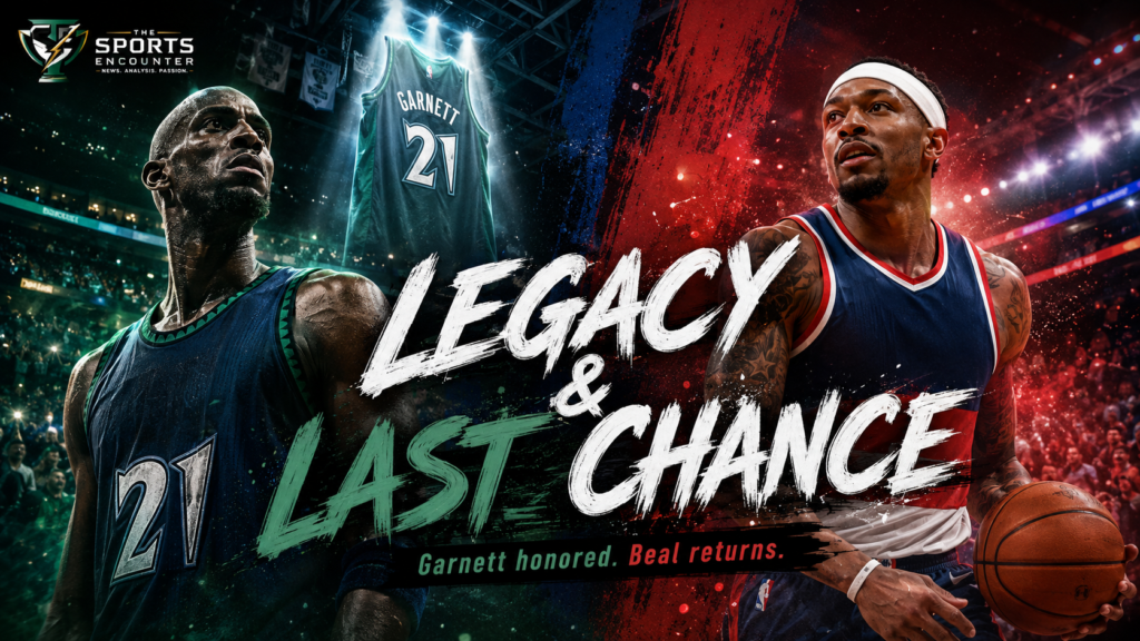 Kevin Garnett’s Timberwolves legacy and Bradley Beal’s Clippers return are shown in a cinematic NBA graphic highlighting one franchise icon being honored and one veteran guard getting another chance.