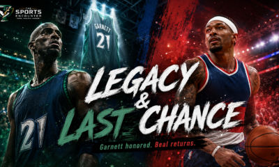 Kevin Garnett’s Timberwolves legacy and Bradley Beal’s Clippers return are shown in a cinematic NBA graphic highlighting one franchise icon being honored and one veteran guard getting another chance.