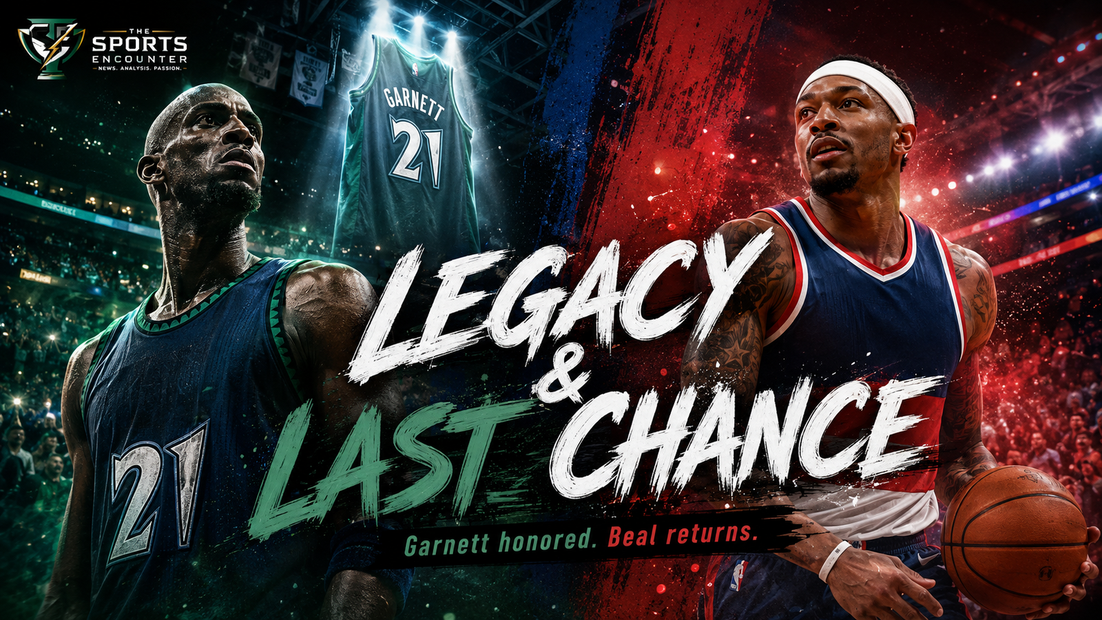 Kevin Garnett’s Timberwolves legacy and Bradley Beal’s Clippers return are shown in a cinematic NBA graphic highlighting one franchise icon being honored and one veteran guard getting another chance.