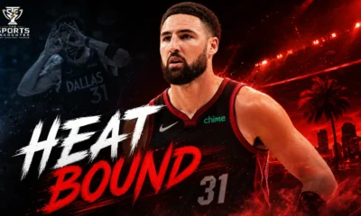 Klay Thompson in Dallas Mavericks colors with Miami Heat and Giannis Antetokounmpo imagery highlighting his expected move to Miami after a contract buyout.