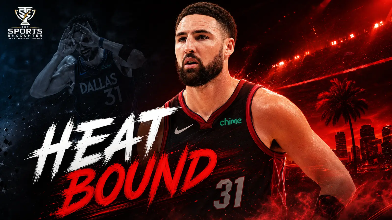 Klay Thompson in Dallas Mavericks colors with Miami Heat and Giannis Antetokounmpo imagery highlighting his expected move to Miami after a contract buyout.